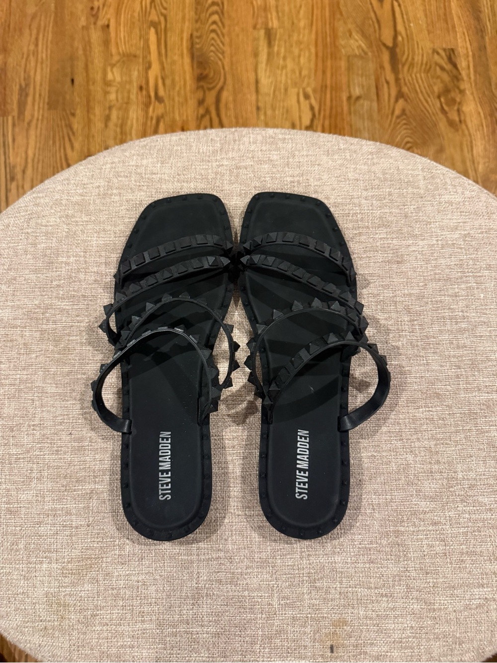 Steve Madden Black Pyramid-Stud Multi-Strap Flat Sandals